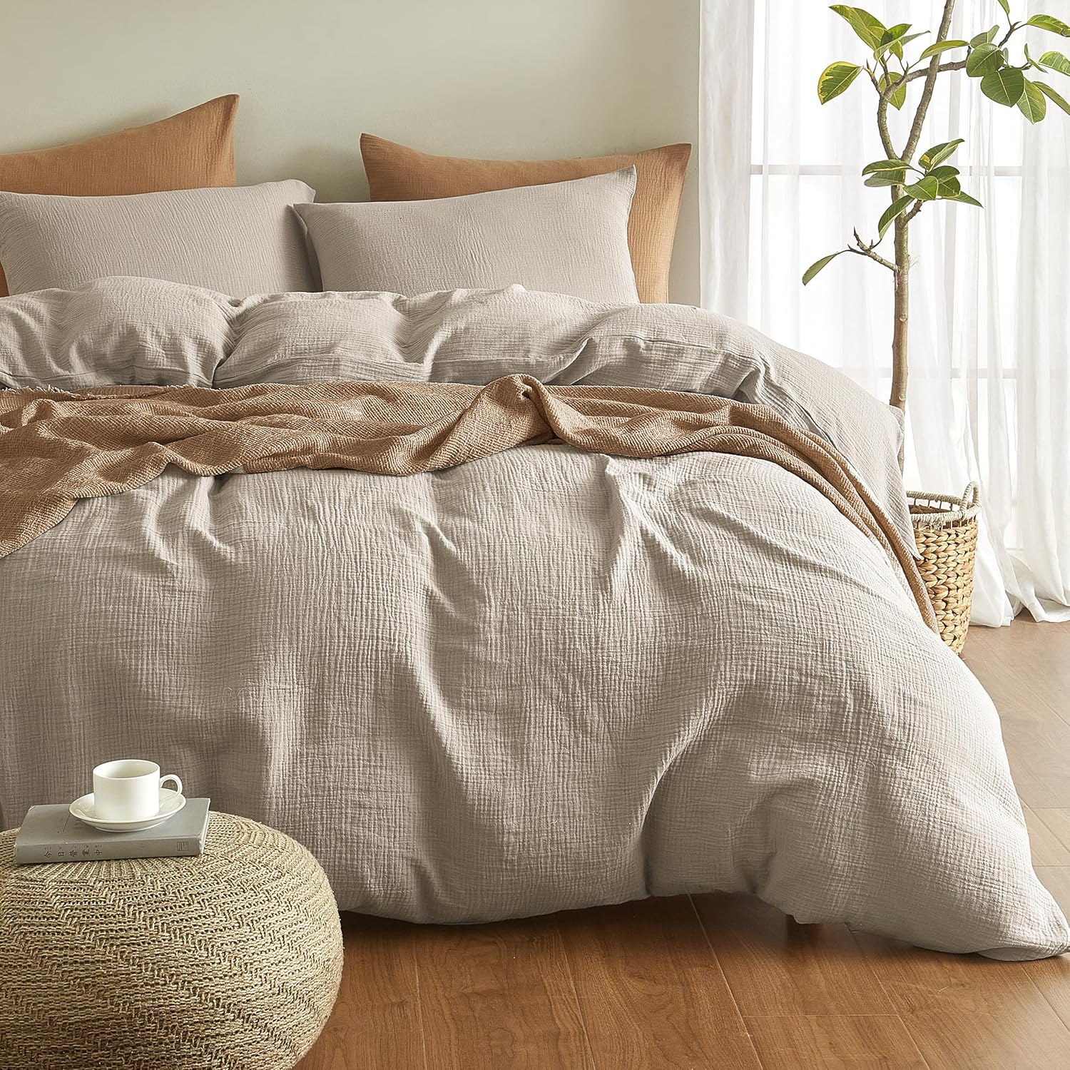 100% algodón lavado Lino Feel Super Soft Cómodo Chic Ligero 3 PCs Juego de ropa de cama para el hogar Sage Green Queen